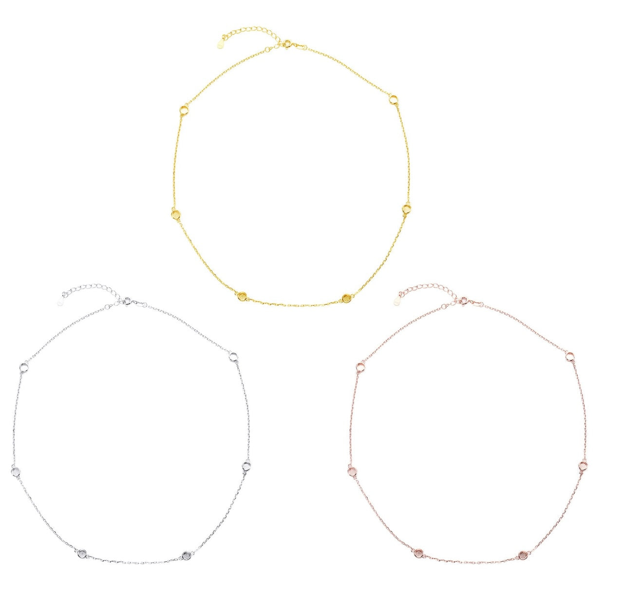 Dainty 4mm Stone Necklace | 6 Stones | 925 Sterling Silver | Gold, Rose Gold or White Gold Plating | 16" + 2" Extender