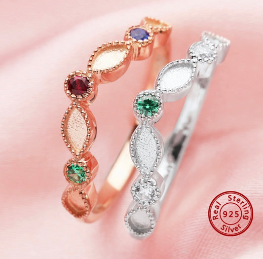 3 Birthstone Ring | 2x4mm Marquise Band | 925 Sterling Silver | Rose Gold or White Gold Plating