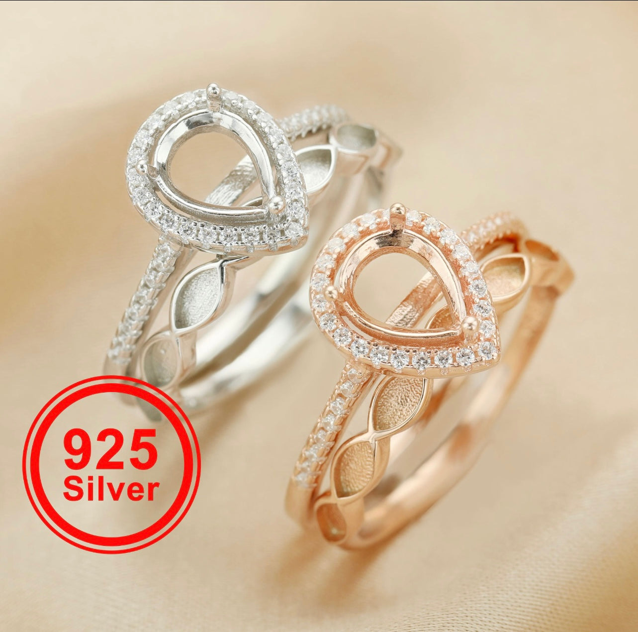 6x8mm Pear Stacker Rings | Halo | Half Band | 925 Sterling Silver | White Gold or Rose Gold