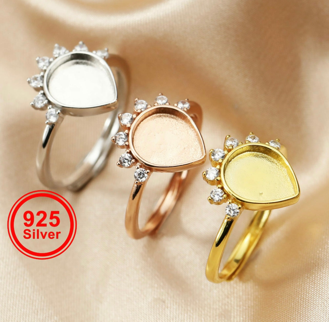 8x10mm Pear Setting | CZ Accents | Rose Gold, Yellow Gold and White Gold Plating